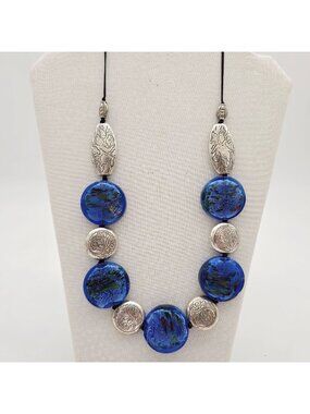 Blue & Silver Glass Bead Statement Necklace Intricate Metallic Engravings 10"